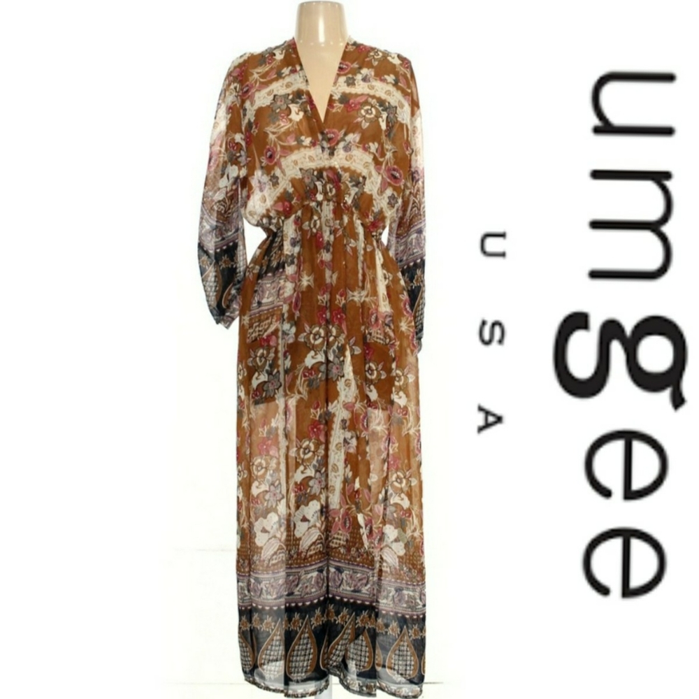 Umgee Brown Floral Boho Maxi Tunic Dress with Black Trim